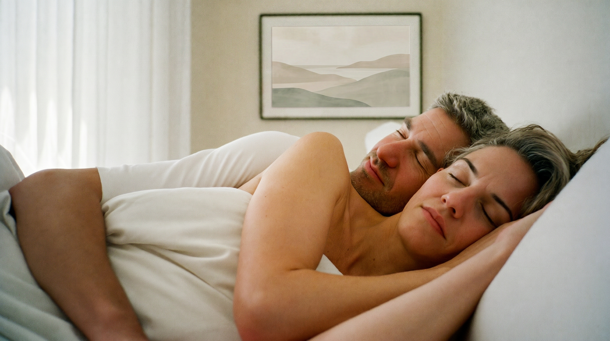 A couple sleeping peacefully in bed with calm wall art