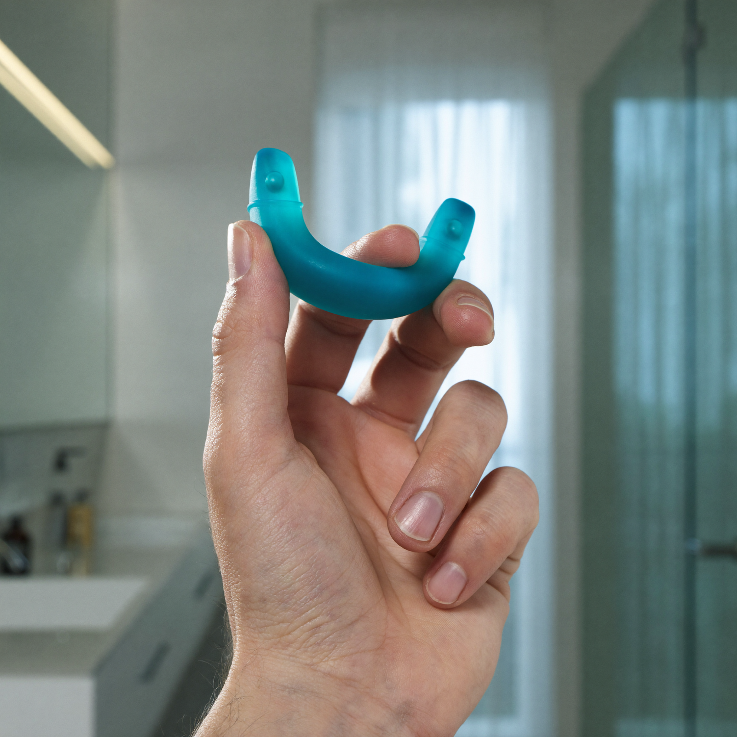 Hand holding the soft teal Snorvana mouthpiece